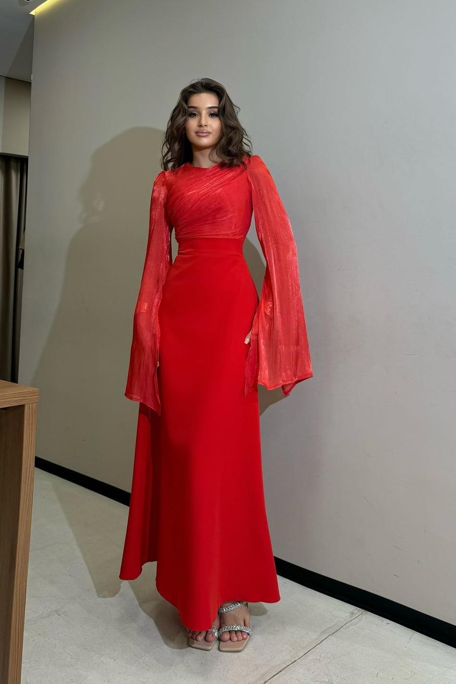 Brown Sheath/Column Prom Dress Long Sleeve Satin Evening Dress