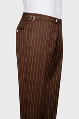 Brown Striped Peaked Lapel 3 Piece Business Men's Suit