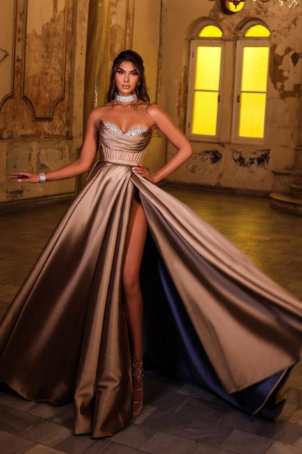 Brown Sweetheart Sleeveless Satin Slit Formal Dress With Rhinestones
