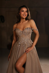 Brown Tulle A Line Prom Dress with Corset Bodice and Rhinestones