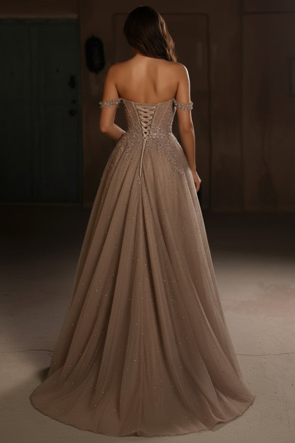 Brown Tulle A Line Prom Dress with Corset Bodice and Rhinestones