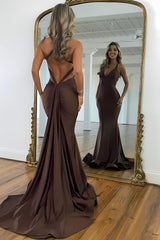 Brown V-Neck Cross Back Long Mermaid Prom Dress Formal Evening Gown