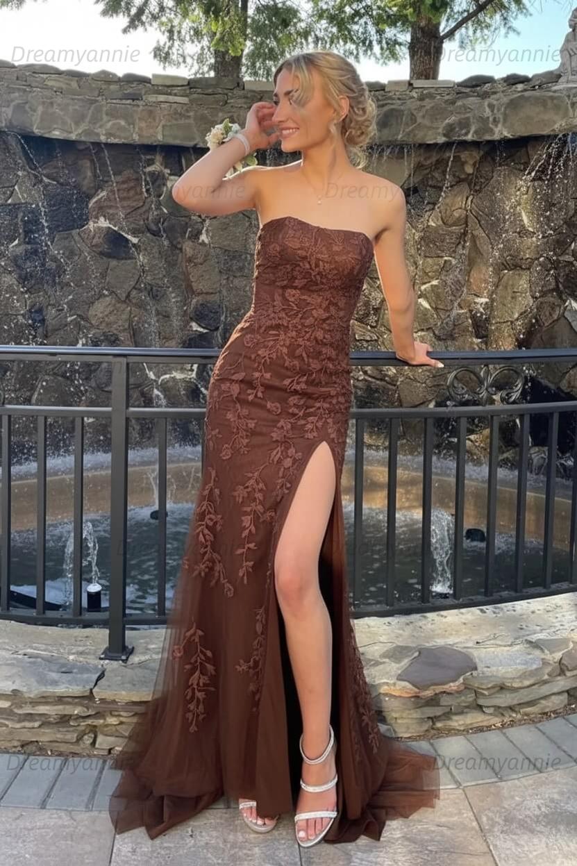 Pink Prom Dress Strapless Lace Long Evening Dress with Slit