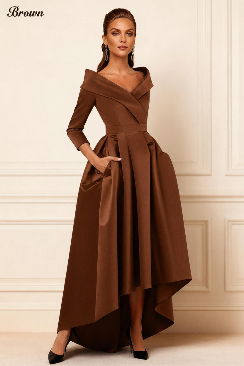 Dreamyannie Dark Navy V Neck Satin High Low Mother Of The Bride Dress With Pockets