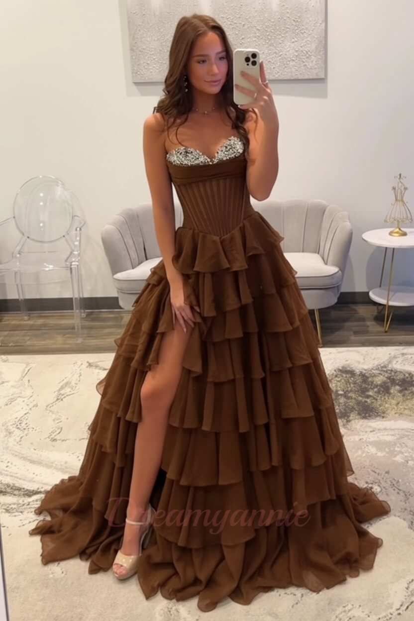 Dreamyannie Ruffled Black Prom Dress A Line Corset Long Formal Dress With Beadings