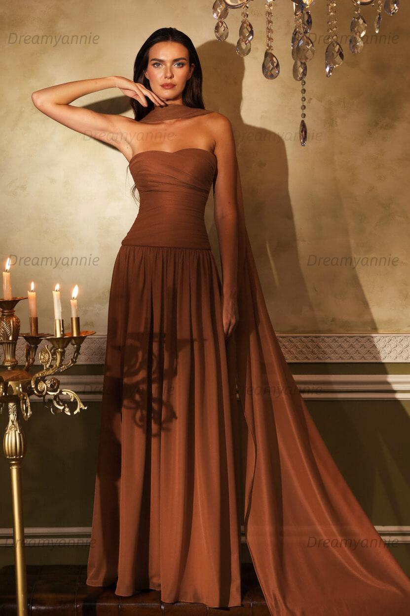 Orange A Line Prom Dress Sleeveless Strapless Evening Dress