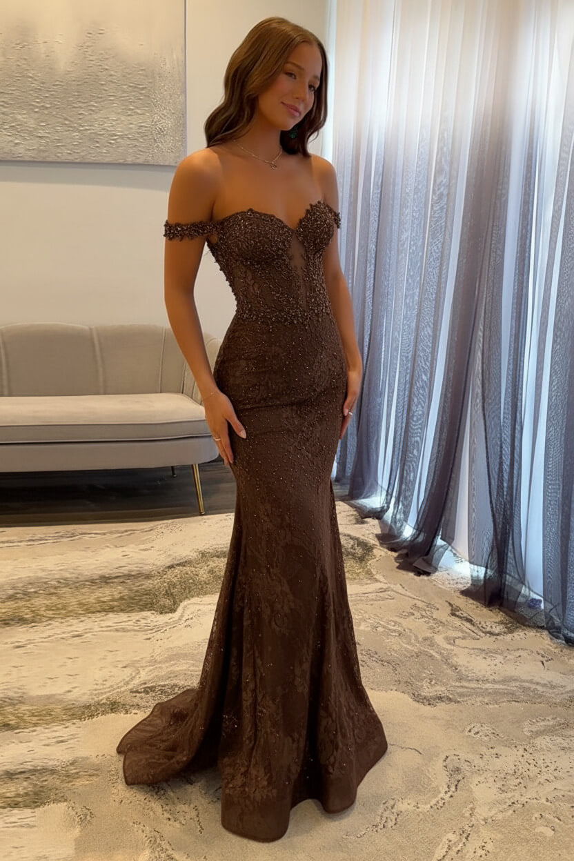 Dreamyannie Navy Prom Dress Off The Shoulder Mermaid Long Lace Formal Dress