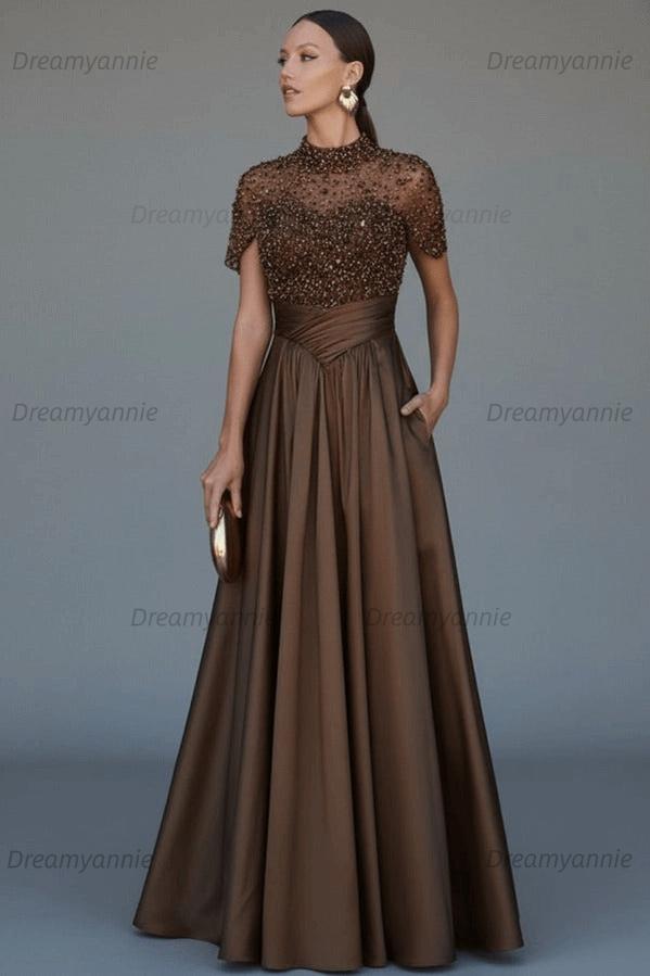 Green A Line Prom Dress Short Sleeve High Neck Beaded Evening Dress