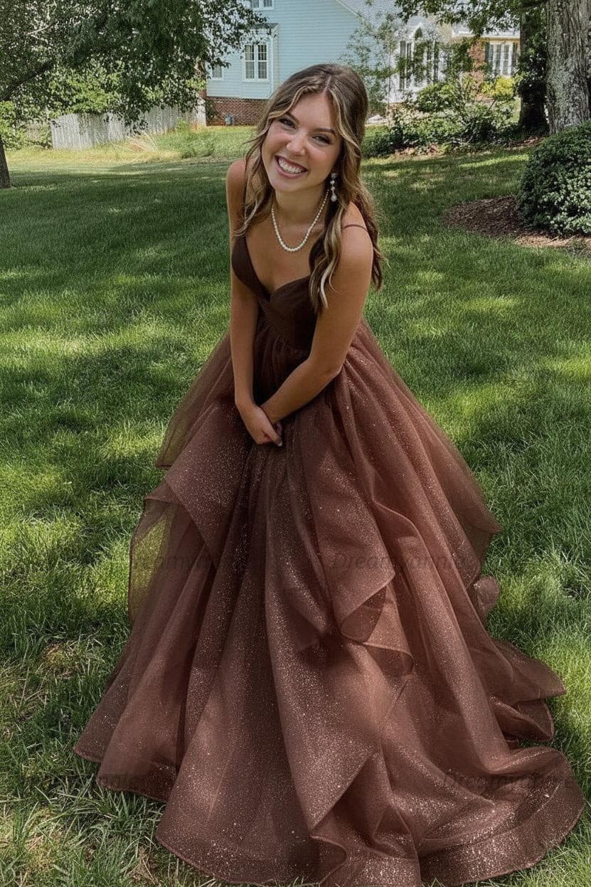 Pink Prom Dress V Neck Tulle Long Formal Evening Dress