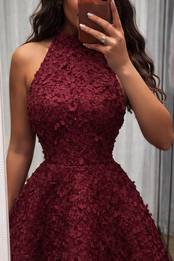 Burgundy A Line Prom Dress with 3D Flowers and Open Back