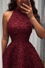 Burgundy A Line Prom Dress with 3D Flowers and Open Back