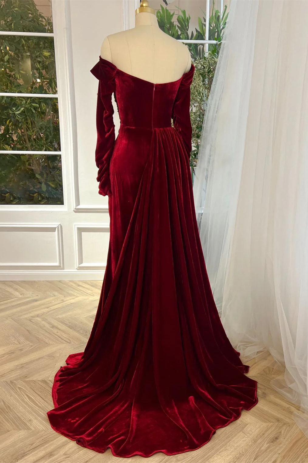 Burgundy Christmas Party Dress Off the Shoulder Velvet Evening Dress with Panel Train