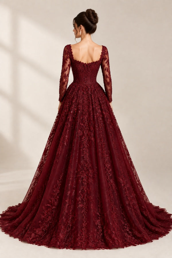 Burgundy Lace A Line Wedding Dress with Long Sleeves and Beaded Corset Bodice