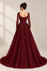 Burgundy Lace A Line Wedding Dress with Long Sleeves and Beaded Corset Bodice