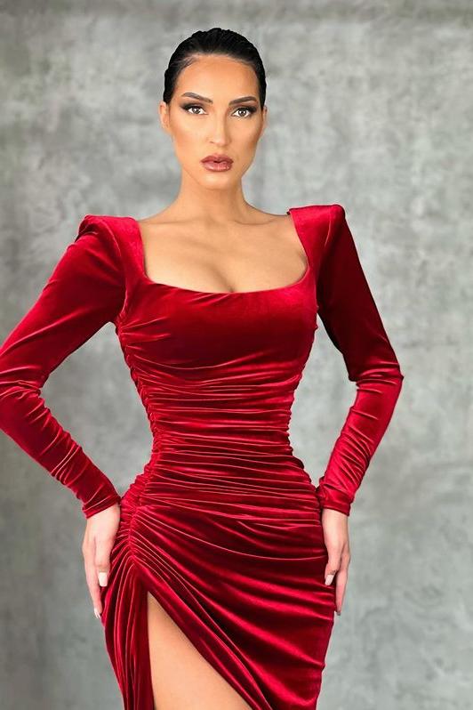 Burgundy Long Sleeves Mermaid Evening Dress