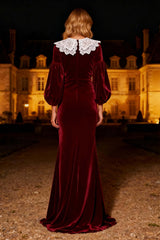 Burgundy Mermaid Peter Pan Collar Long Velvet Holiday Party Dress