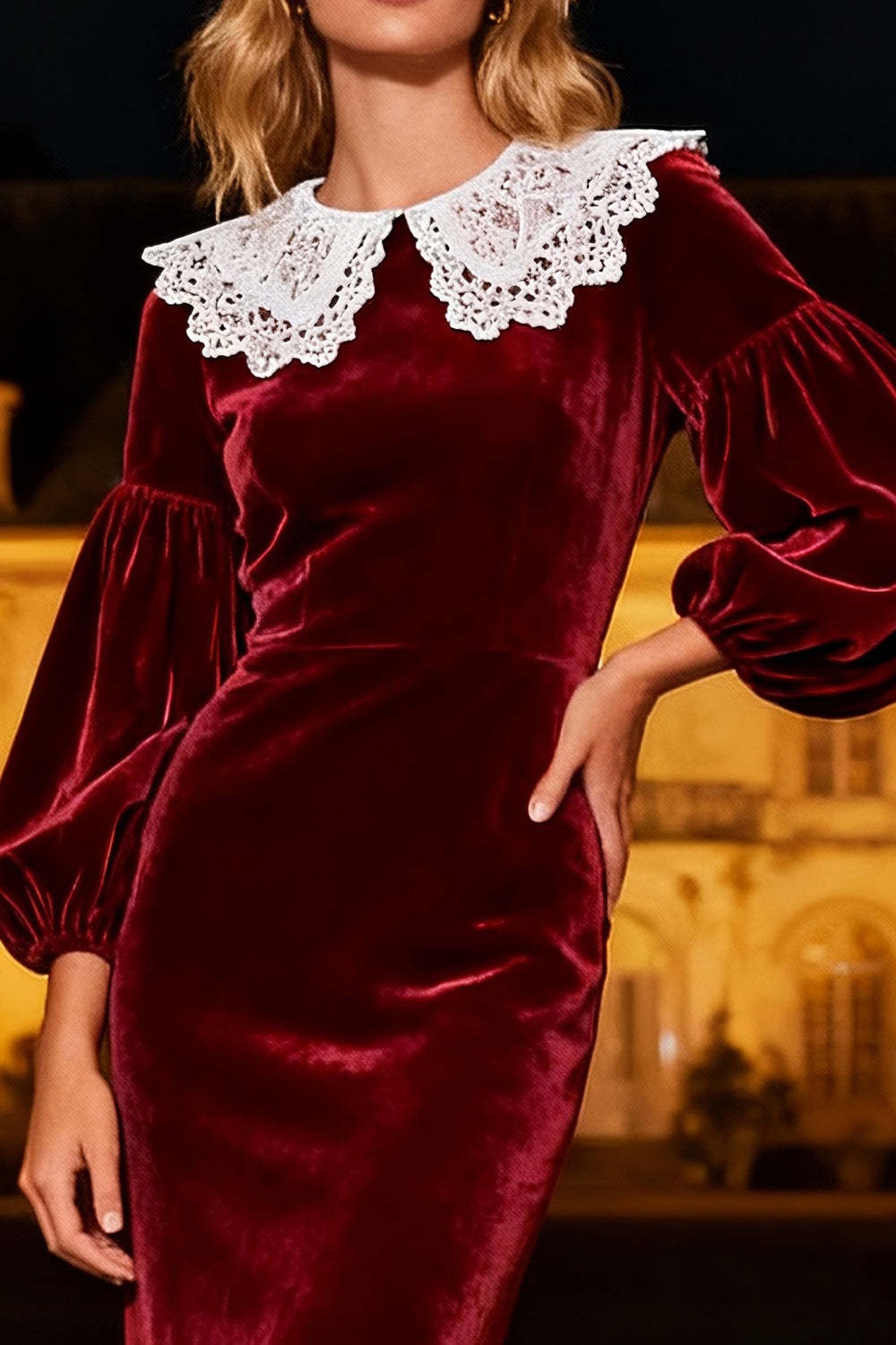 Burgundy Mermaid Peter Pan Collar Long Velvet Holiday Party Dress
