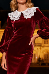 Burgundy Mermaid Peter Pan Collar Long Velvet Holiday Party Dress
