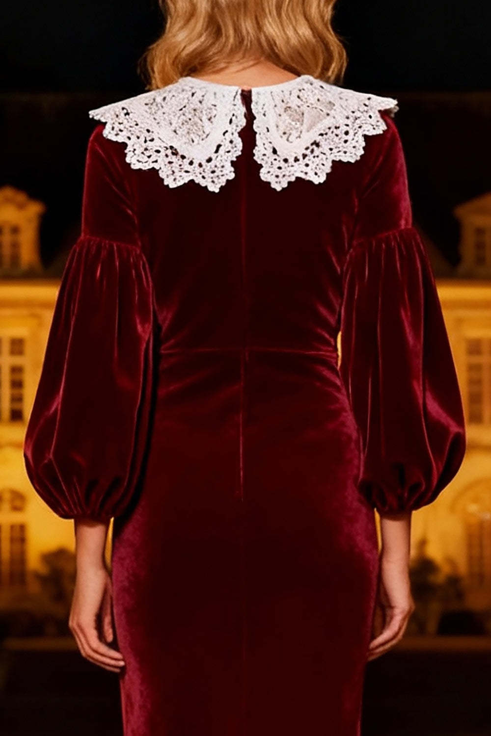 Burgundy Mermaid Peter Pan Collar Long Velvet Holiday Party Dress