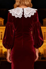 Burgundy Mermaid Peter Pan Collar Long Velvet Holiday Party Dress