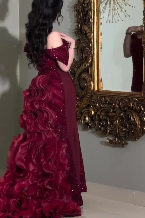 Dreamyannie UK Burgundy Off The Shoulder Prom Dress Ruffled Beaded  SheathColumn Formal Dress