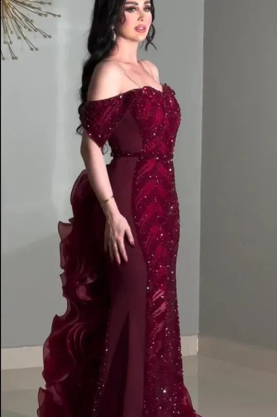 burgundy column dress Kelsey | Burgundy Asymmetric-Neck Maxi Dress With Ruched Detailing