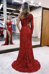 Burgundy One Shoulder Mermaid Evening Dress Long Sequins