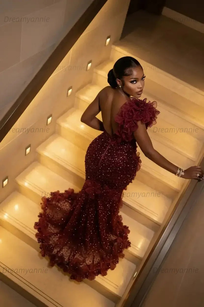Burgundy One Shoulder Prom Dress Mermaid Sequined Formal Evening Dress with 3D Flowers