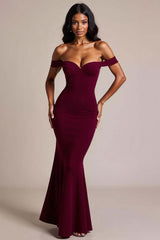 Burgundy Prom Dress Crepe Mermaid Off The Shoulder Long Formal Dress