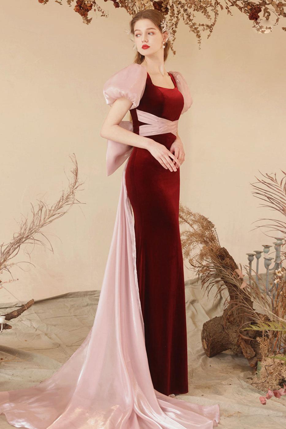 Burgundy Prom Dress Mermaid Velvet Long Formal Evening Dress