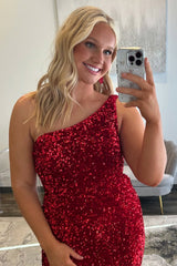 Burgundy Prom Dress One Shoulder Sheath Formal Dress With Slit