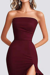 Burgundy Prom Dress Satin Mermaid Strapless Ruffled Long Formal Dress With Slit