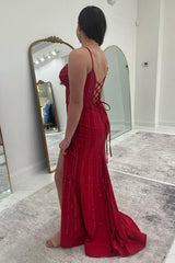 Burgundy Prom Dress Spaghetti Straps Memriad Long Formal Dress With Slit