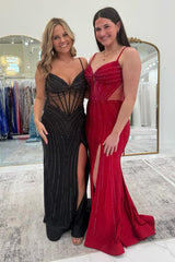 Burgundy Prom Dress Spaghetti Straps Memriad Long Formal Dress With Slit