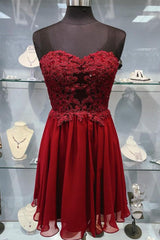 Burgundy Prom Dress Sweetheart Neck Chiffon Lace Short Evening Dress