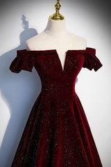 Burgundy Prom Dress Velvet Beaded Long Evening Dress
