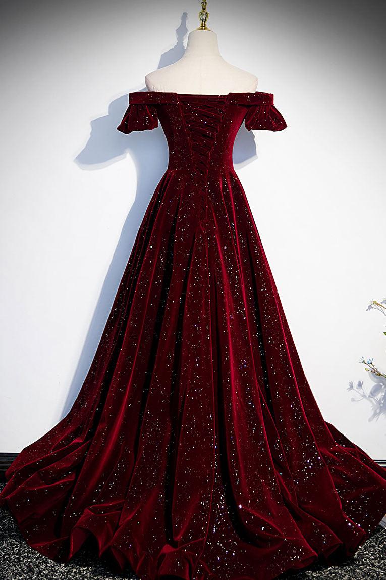 Burgundy Prom Dress Velvet Beaded Long Evening Dress