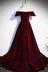 Burgundy Prom Dress Velvet Beaded Long Evening Dress