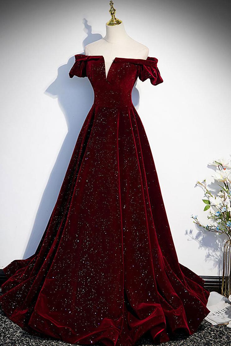Burgundy Prom Dress Velvet Beaded Long Evening Dress