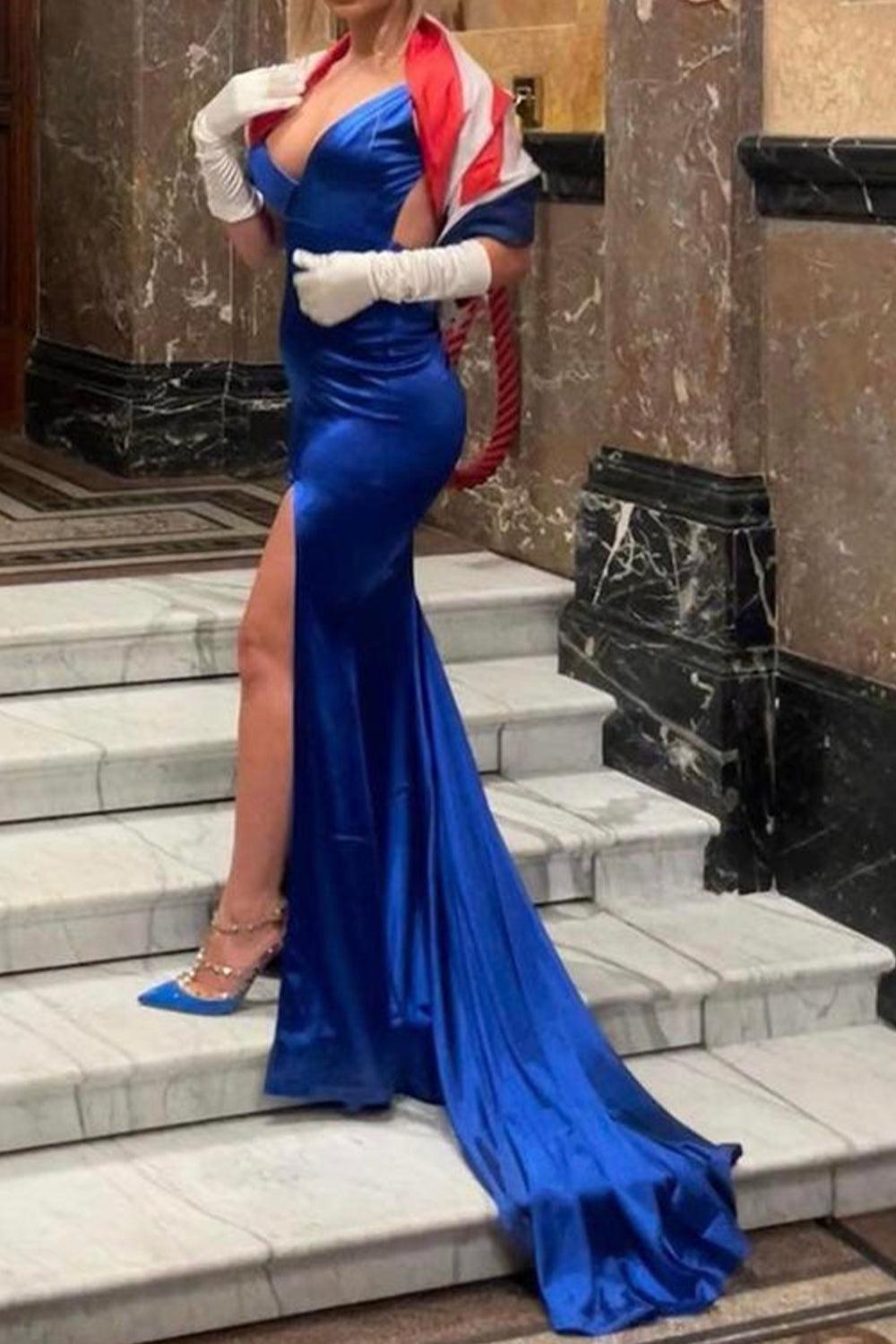 Dreamyannie Burgundy Satin Spaghetti Strap Mermaid Prom Dress With Open Back Formal Evening Gown