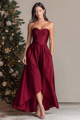 Burgundy Satin Sweetheart A Line Long Prom Dress