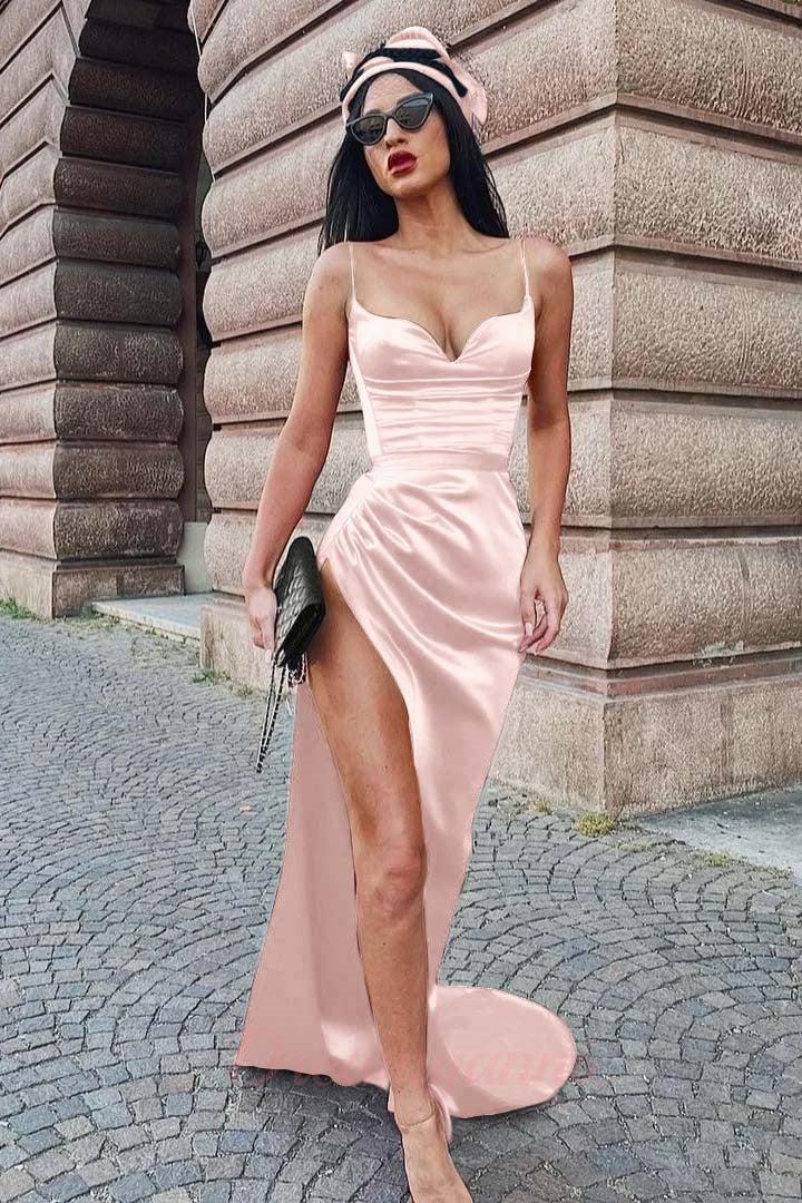Burgundy Spaghetti Straps Long Evening Dress with Split