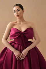 Burgundy Strapless Graduation Dress A Line Satin Tea Length Formal Dresses