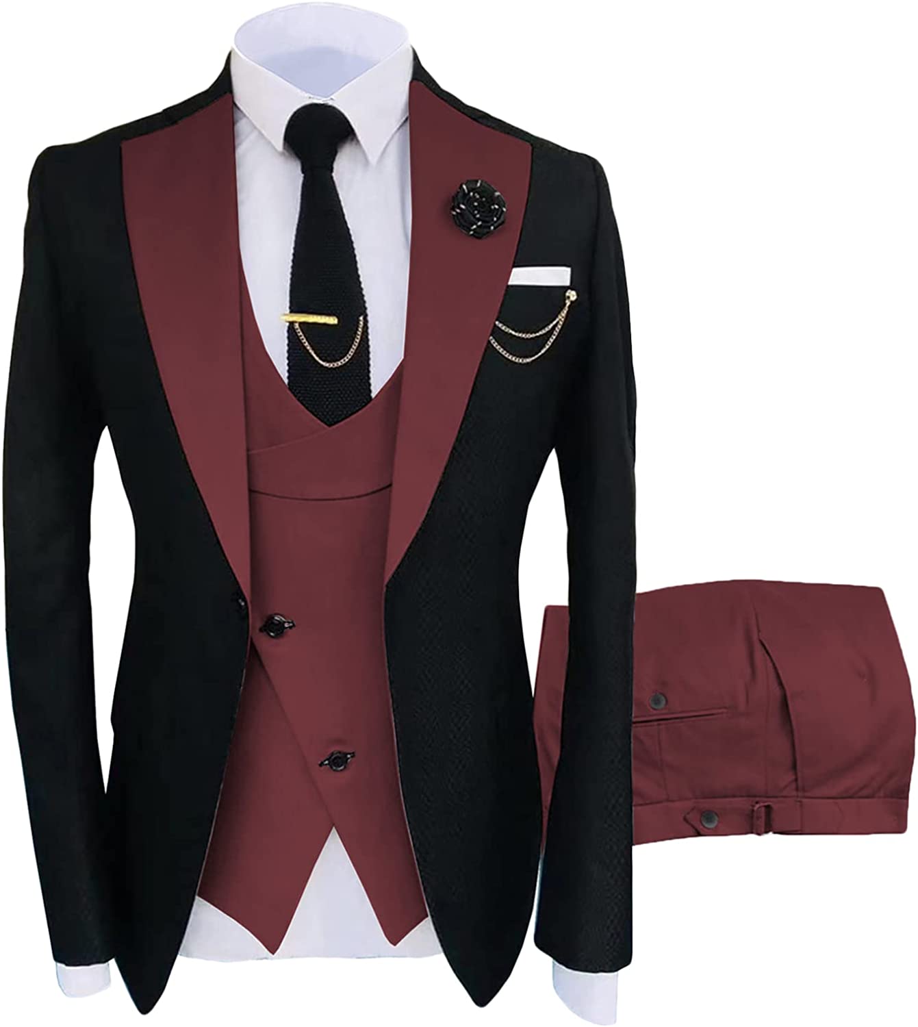Burgundy Three Piece Shawl Lapel Prom Suit