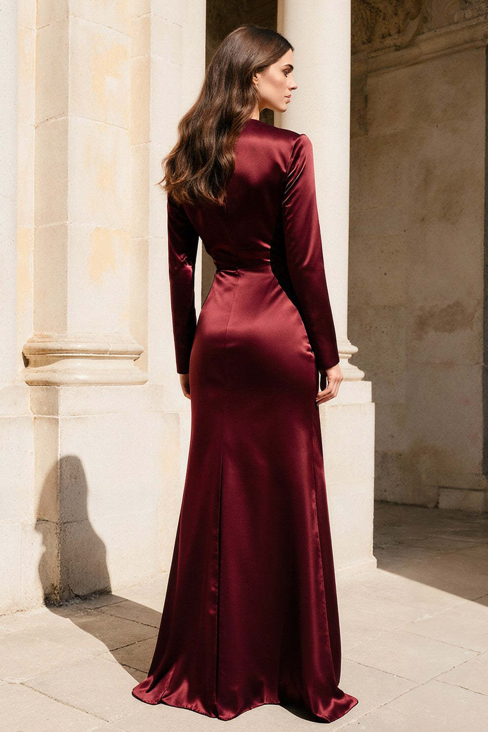 Burgundy V-Neck Mermaid Long Satin Evening Dress With Sleeves