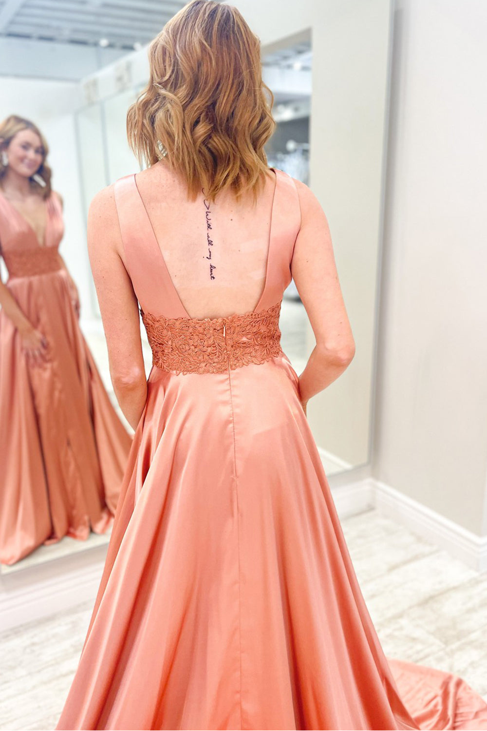 Burgundy V Neck Prom Dress Backless Long A Line Evening Dress with Lace