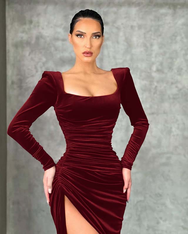 Burgundy Velvet Dress Long Sleeve Mermaid Evening Dress