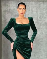 Burgundy Velvet Dress Long Sleeve Mermaid Evening Dress