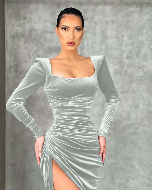 Burgundy Velvet Dress Long Sleeve Mermaid Evening Dress