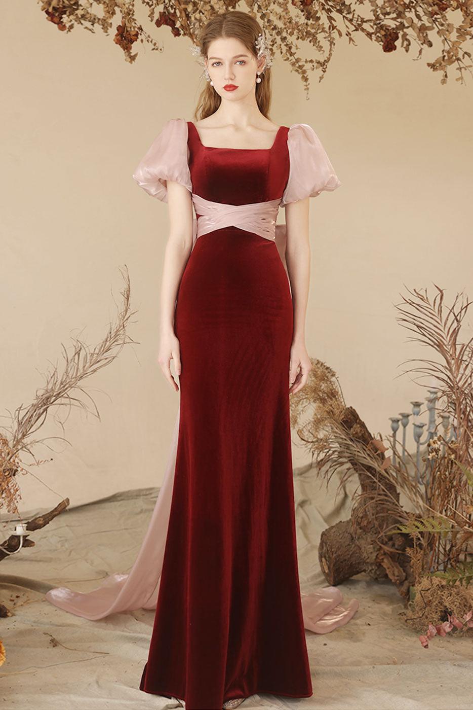 Burgundy Velvet Evening Dress Mermaid Long Formal Christmas Party Dress